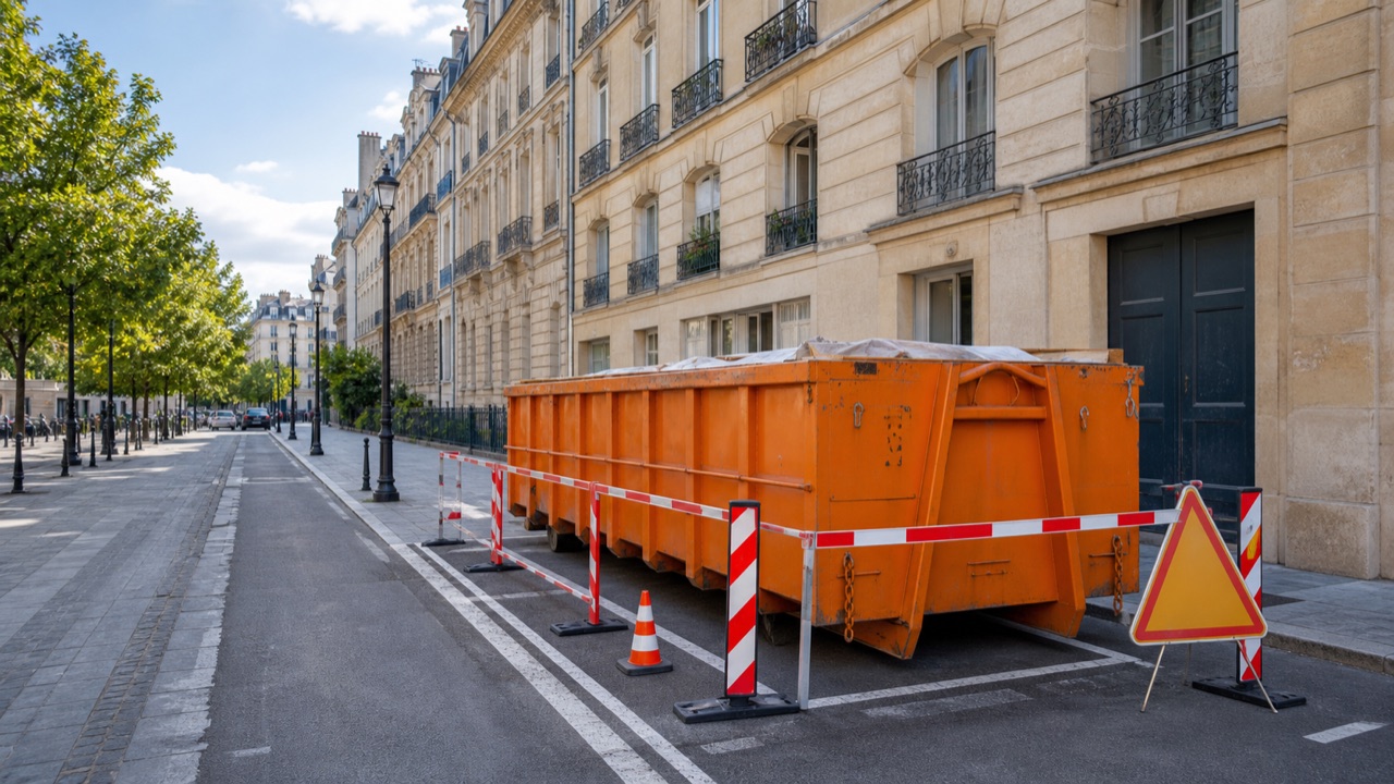 Benne orange balisée sur une place de stationnement dans une rue française