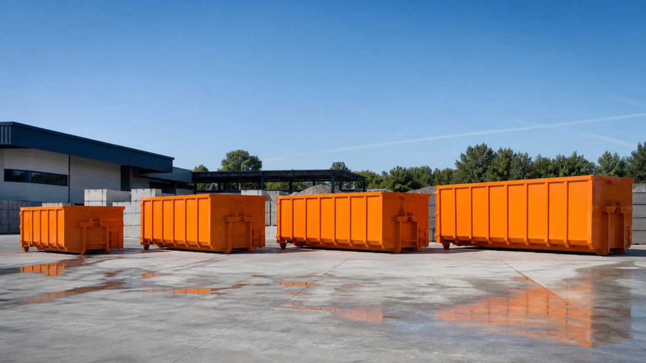 Quatre bennes orange de tailles croissantes alignées dans un dépôt professionnel