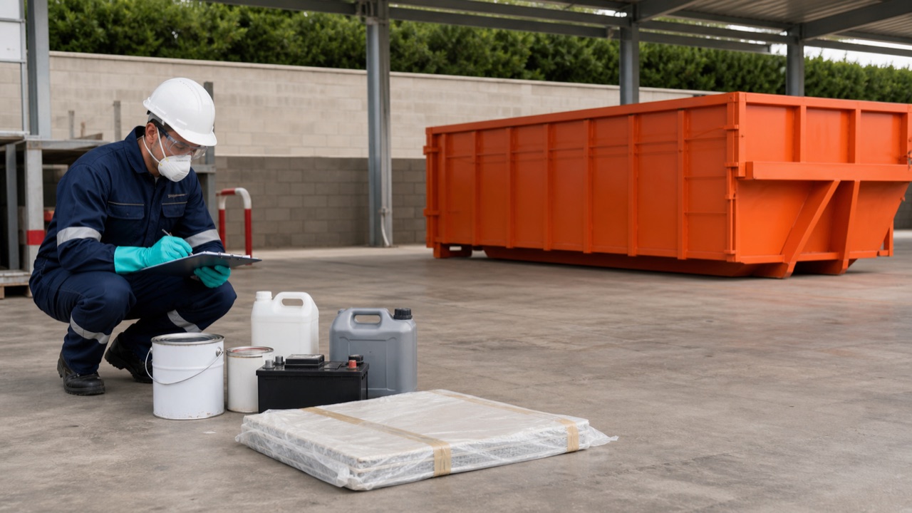Expert équipé inspectant des déchets dangereux isolés d’une benne orange