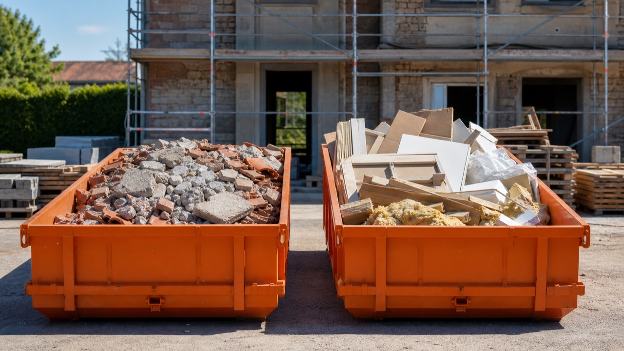 Deux bennes orange comparant gravats minéraux et déchets de rénovation non dangereux