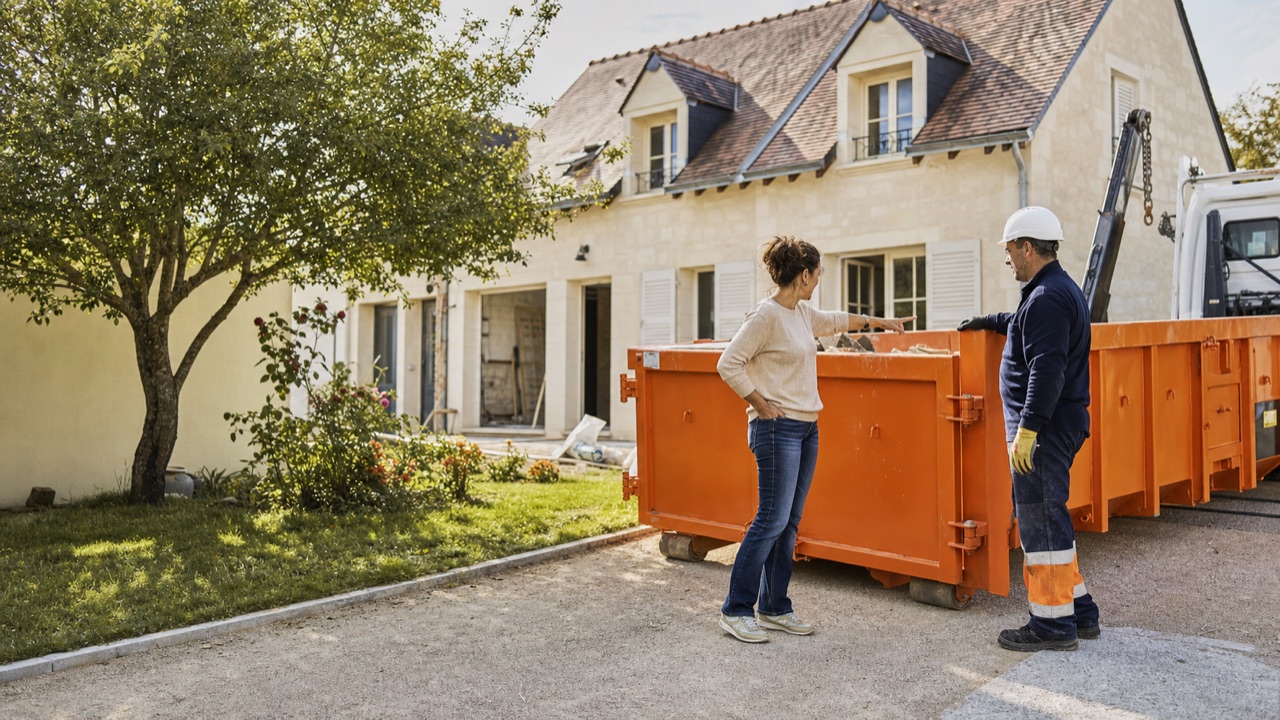 Une particulière échange avec un chauffeur près d’une benne orange devant une maison