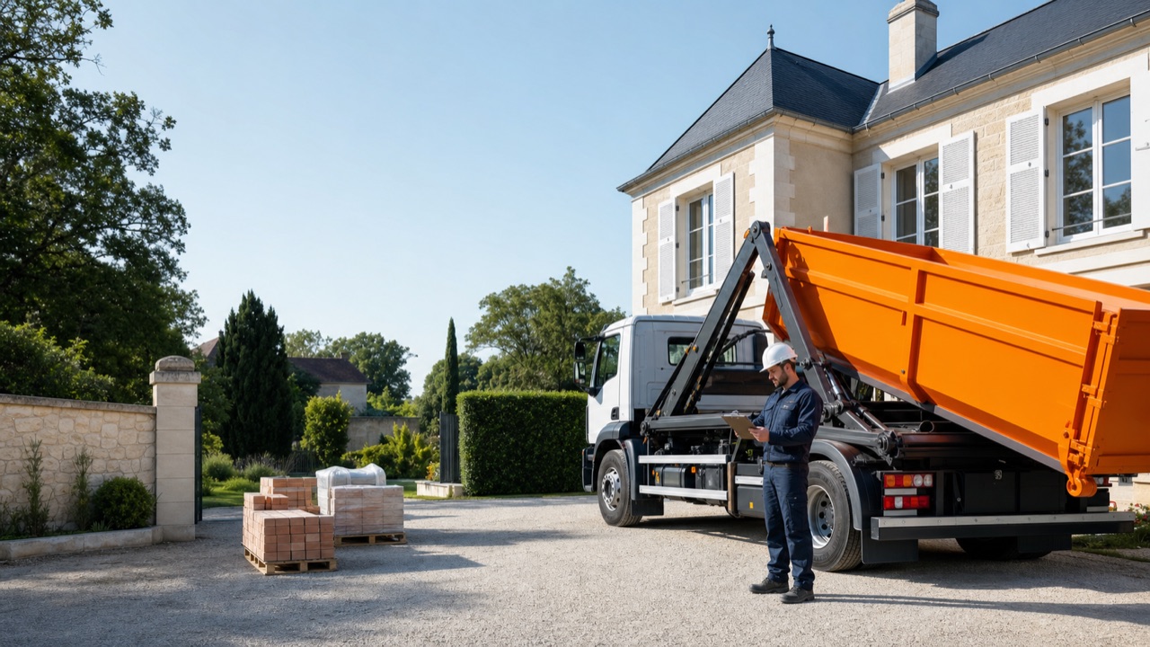 Livraison d’une benne orange devant une maison en rénovation avec contrôle du chantier