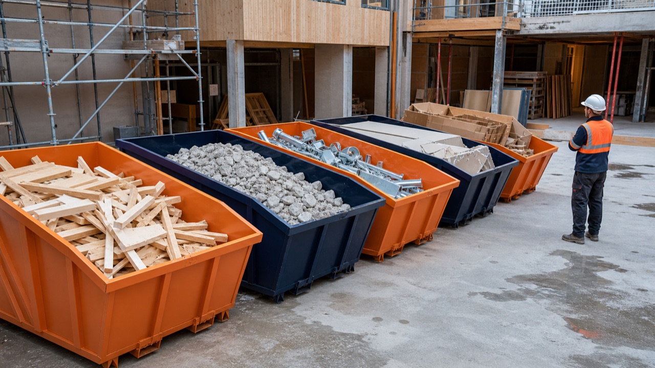 Déchets de chantier triés dans plusieurs bennes orange et bleu marine